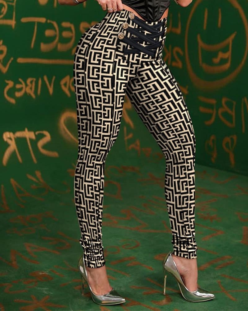 Women Chic High Waist Button Criss Cross Pencil Pants Trousers Spring&Autumn Geometric Print High Waist Butt Lift Skinny Pants